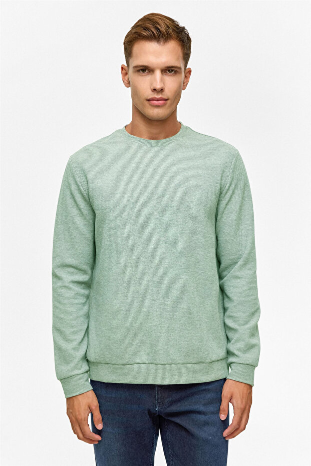Loose Cut O Neck Melange Patterned Waffle Green Sweatshirt