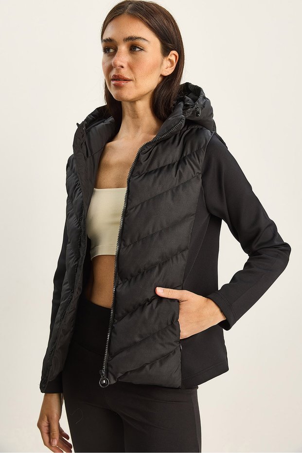 Women's Black Hooded Zippered Garnished Slim Fit Puffer Coat 1123 60283816