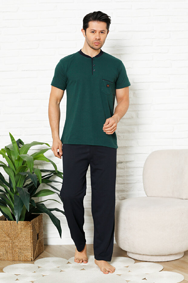 Men's 100% Cotton Pajama Set-3 Buttons-Collar Pocket 12384