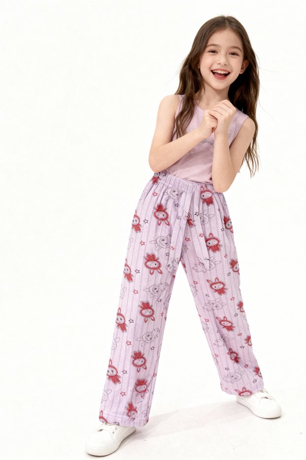 Girls' Pajama Bottoms with Elastic Waist and Rabbit Print