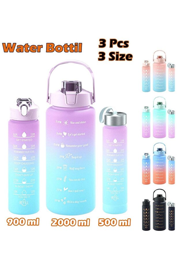 3Pcs Sports Water Bottle With Straw (2L, 900ml & 500ml) - BPA Free