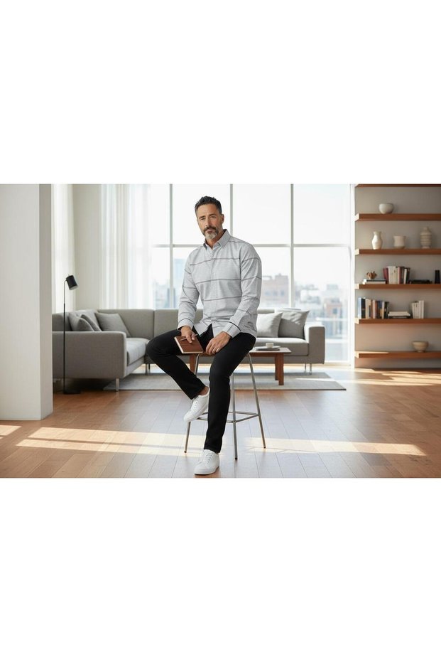 Slim Fit Sports Cut Panel Pattern Men's Long Sleeve Shirt
