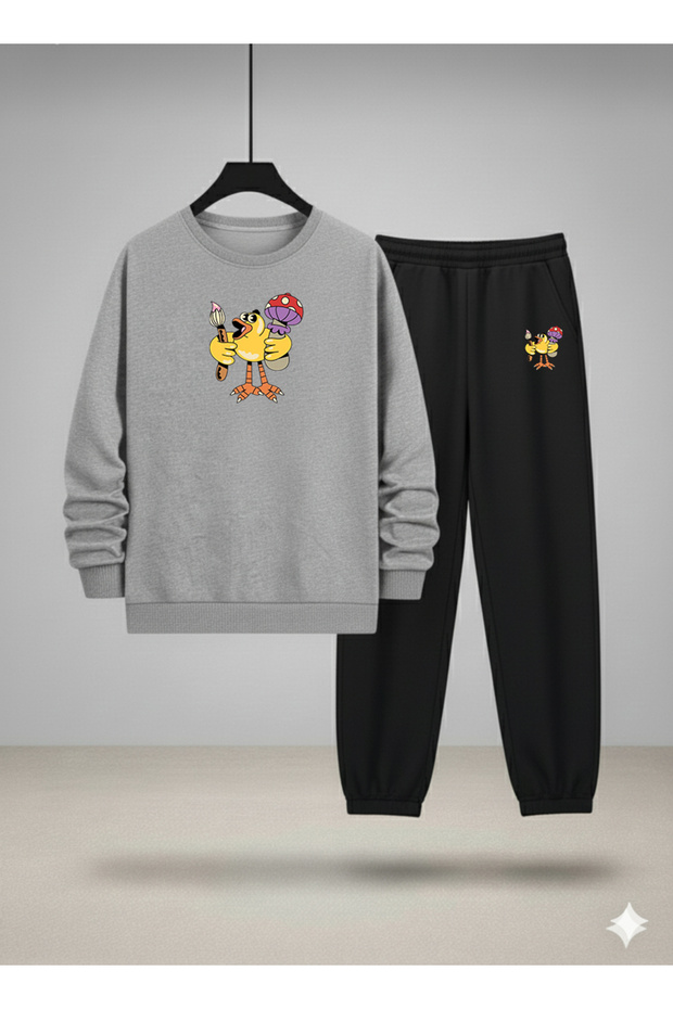 Children's Crew Neck Sweatshirt and Tracksuit Set Painter Chicken Ba Printed Threaded Ribbed