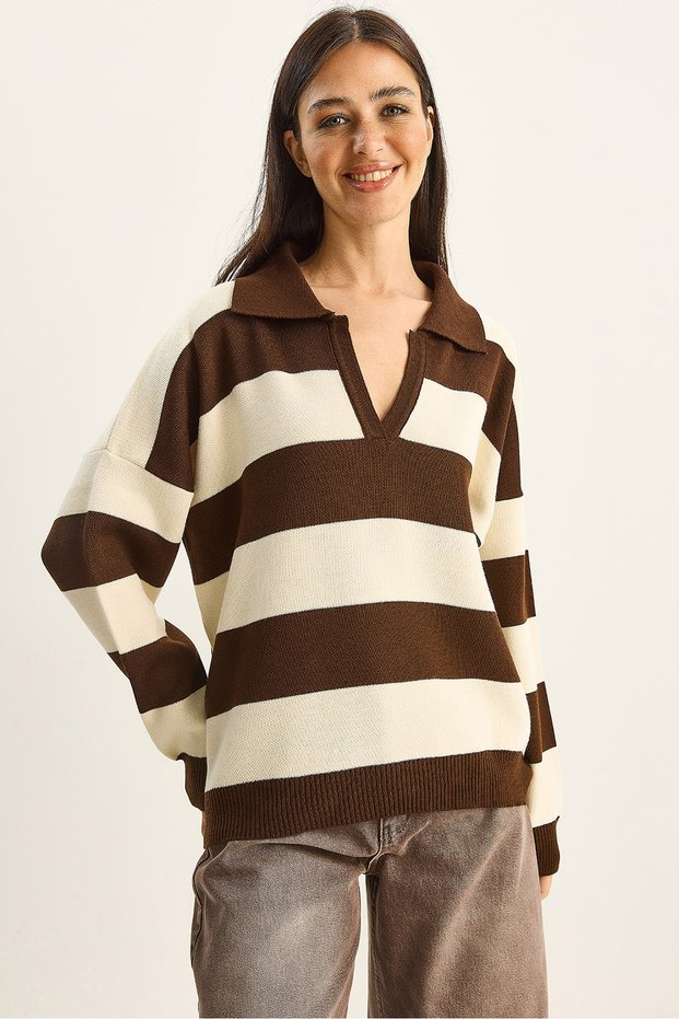 Women's Brown Cream Polo Collar Striped Knitwear Sweater 7250 60283810