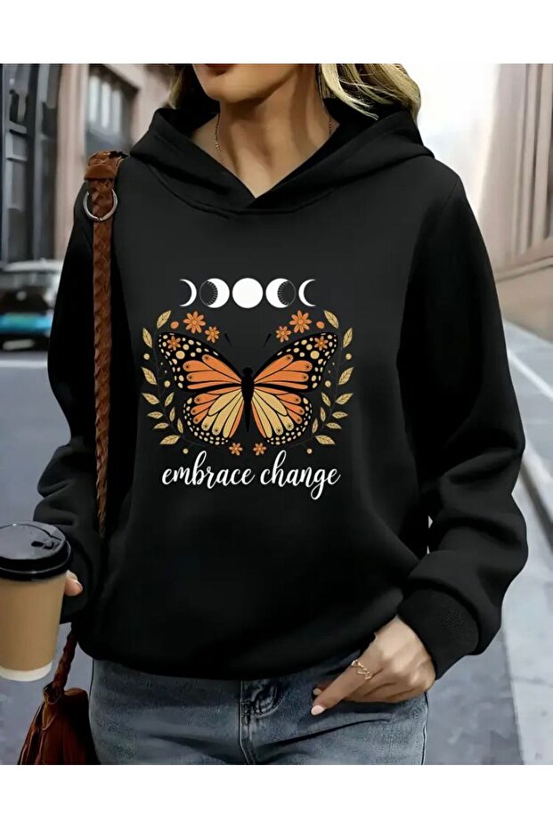 Butterfly Print Detailed Hooded Sweatshirt Black