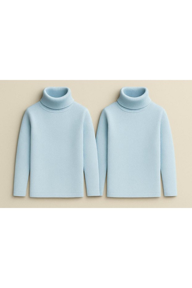 Unisex Children's Long Sleeve Full Turtleneck Corded Fabric Kaskorse Cotton Sweater Body 2Pcs Turquoise