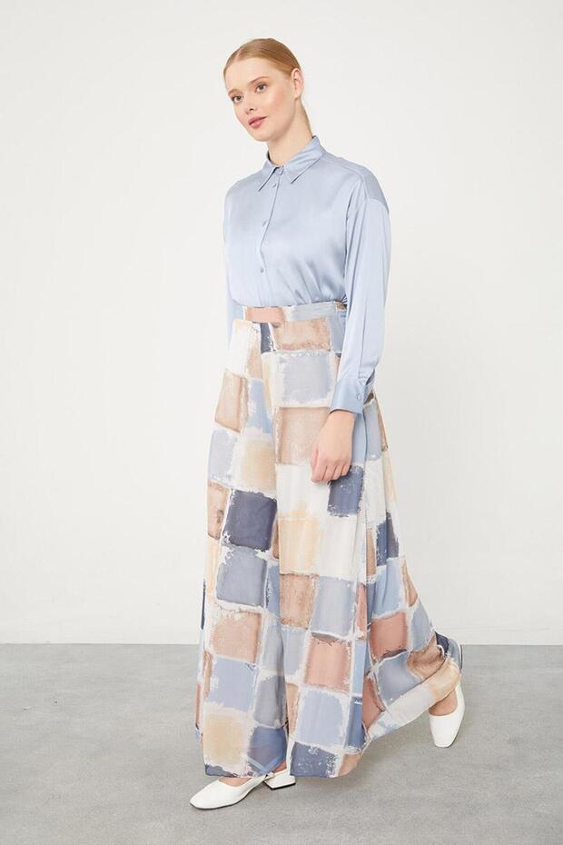 Indigo Square Pattern Wide Leg Pants - 4