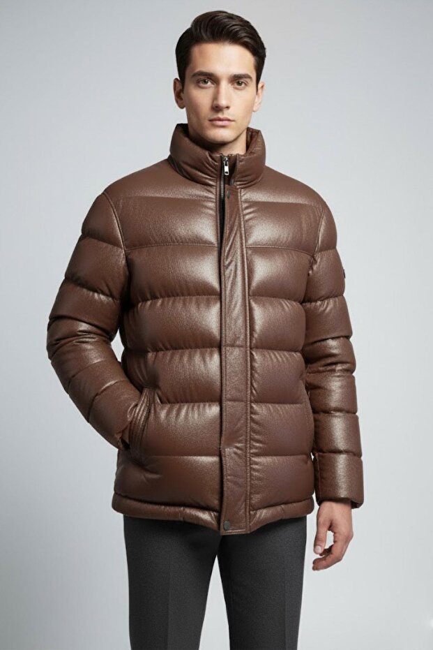Men's Leather Textured Brown Puffer Jacket