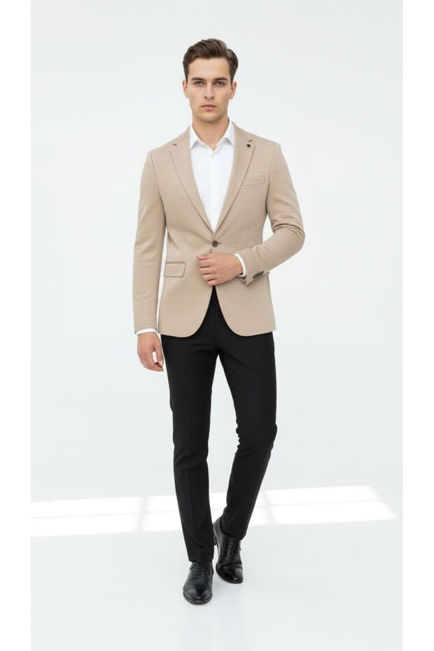 Beige Men's Italian Fit Blazer Jacket – Sleeve Patched, Slim Fit, Stylish and Modern Design - 3