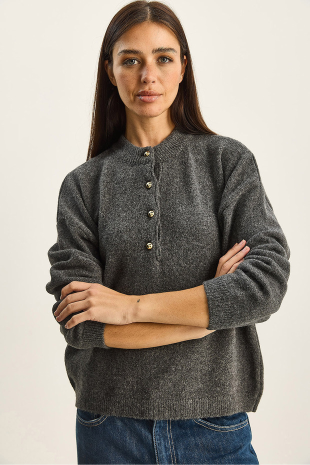 Women's Anthracite Crew Neck 4 Button Regular Knitwear Sweater Tk251128 60283720