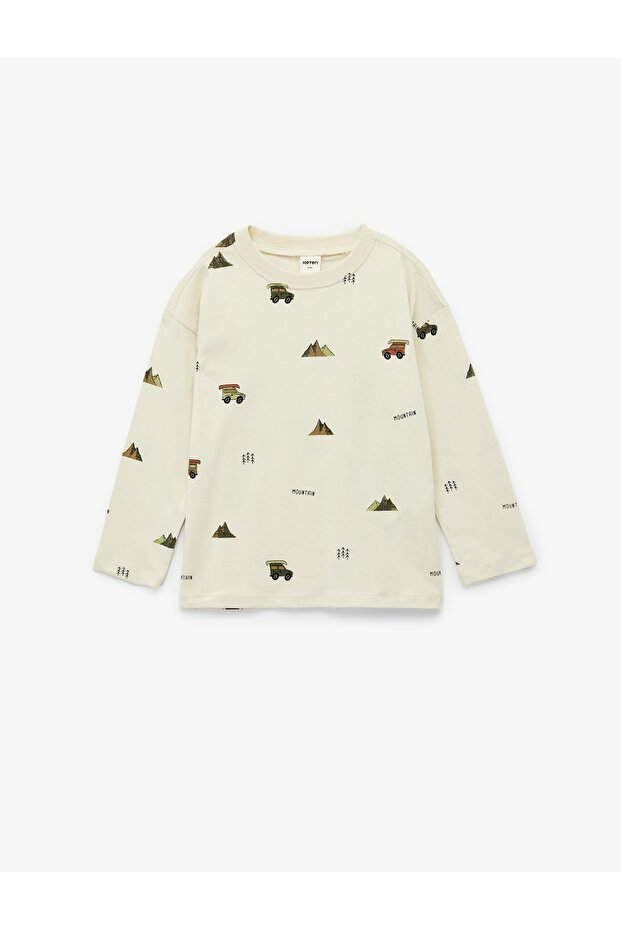 Printed Crew Neck Cotton Ecru Baby Boy Sweatshirt 6Wmb10256Tk