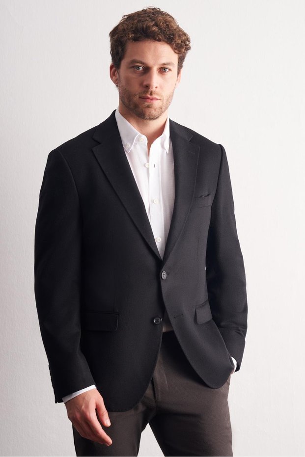 Black Mono Collar Wool 6 Drop Comfort Fit Classic Jacket 1002255150