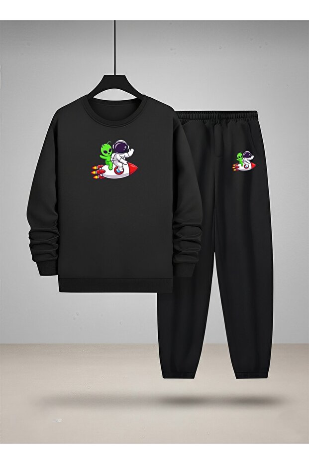 Children's Crew Neck Sweatshirt and Sweatpants Set Space Ship Travel Ba Printed Threaded Raised Letters