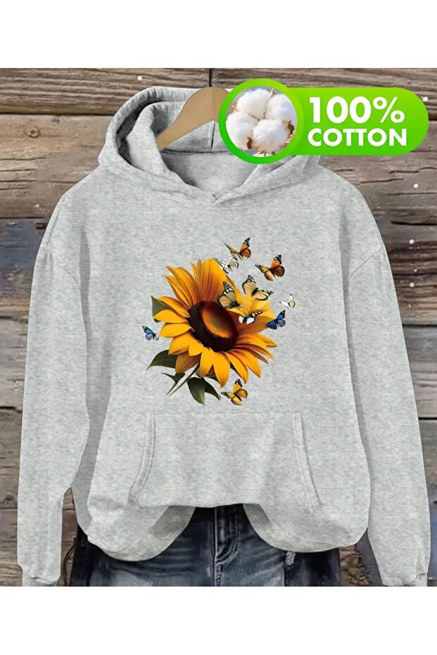 Sunflower Print Detailed Hooded Sweatshirt Gray