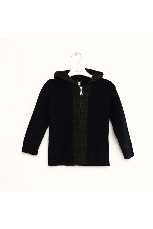 Navy Blue Boy's Hooded Zippered Knitwear Cardigan 1-5 Years Old