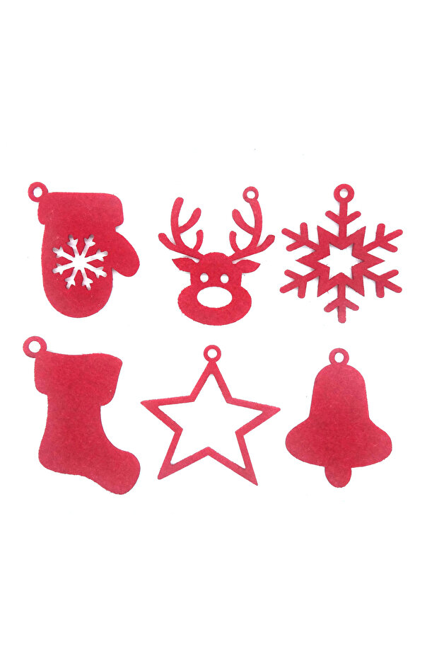 Christmas Ornament Red Felt Set 12 Pieces – 6 Different Shapes Decorative Tree and Home Ornament