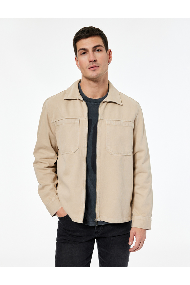 Regular Fit Classic Collar Pocketed Cotton Zipper Shirt Jacket