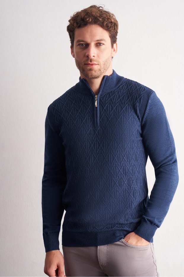 Indigo Stand Collar Pocketless Long Sleeve Knitted Comfort Fit Cotton Sweater 1012255108
