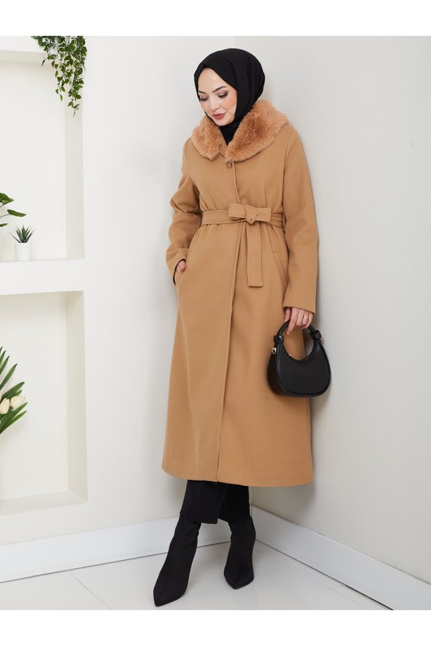 Women's New Season K Double-Breasted Collar with Buttons, Fur Collar with Belt, Knee-Length Coat