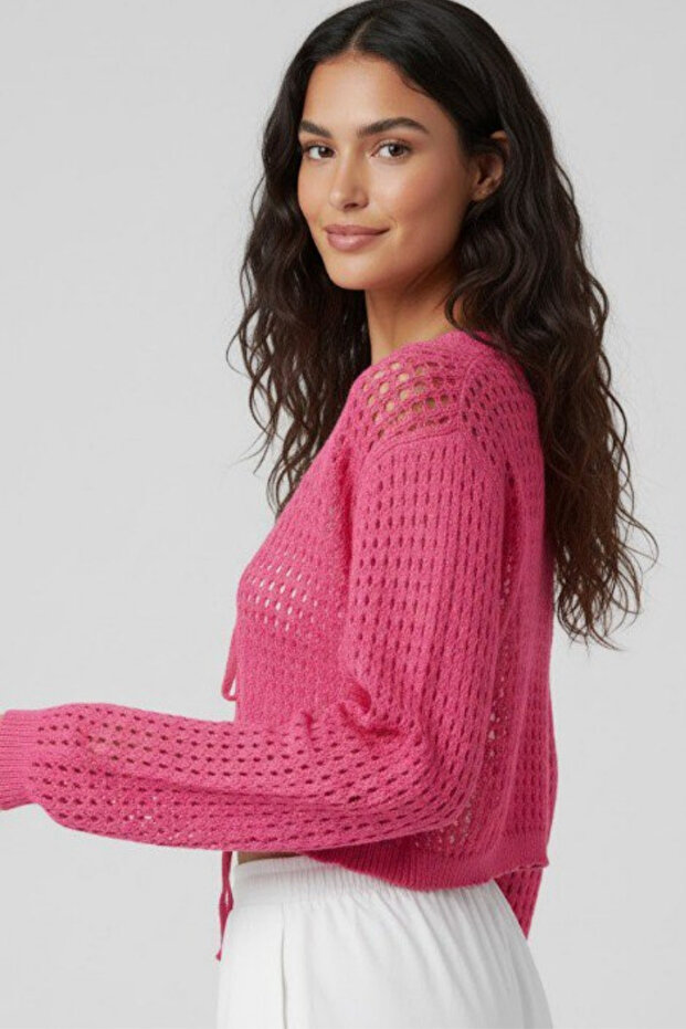 Women's Lace-Up Front Perforated Knit Cardigan