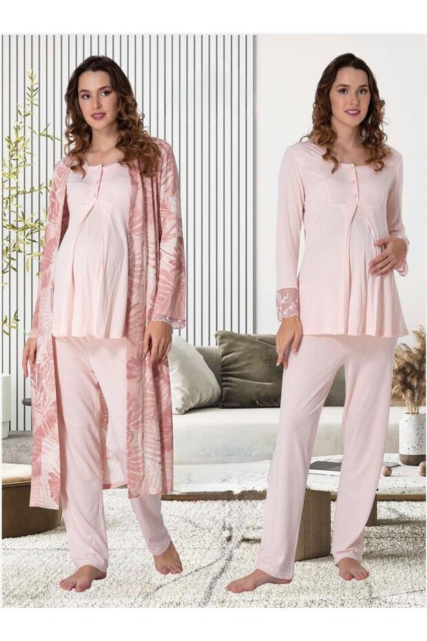 Women's Salmon Patterned Long Sleeve Design Maternity Pajama Set 3-Piece Set (Effortt)