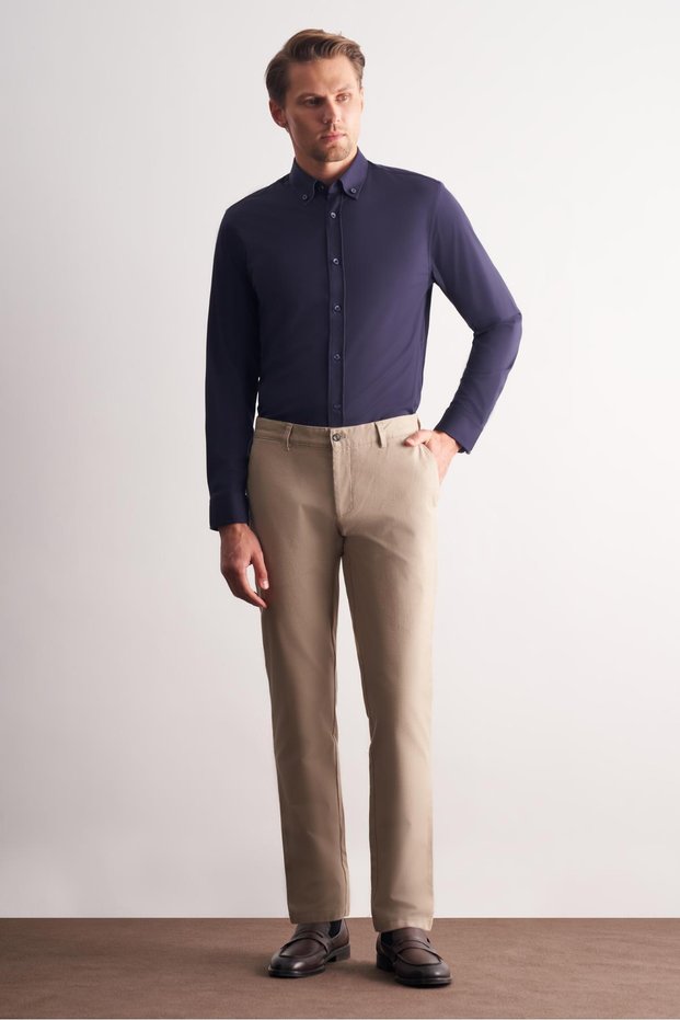 Beige Dobby Side Pocket Straight Leg Casual Comfort Fit Cotton Chino Trousers 1003255109