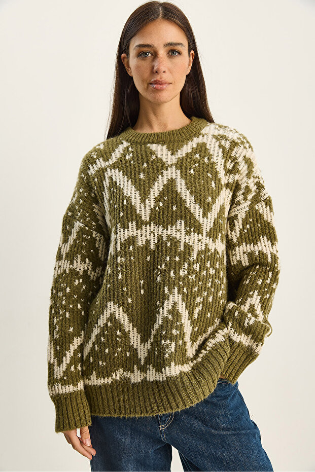 Women's Green Patterned Crew Neck Oversize Knitwear Sweater 60283826
