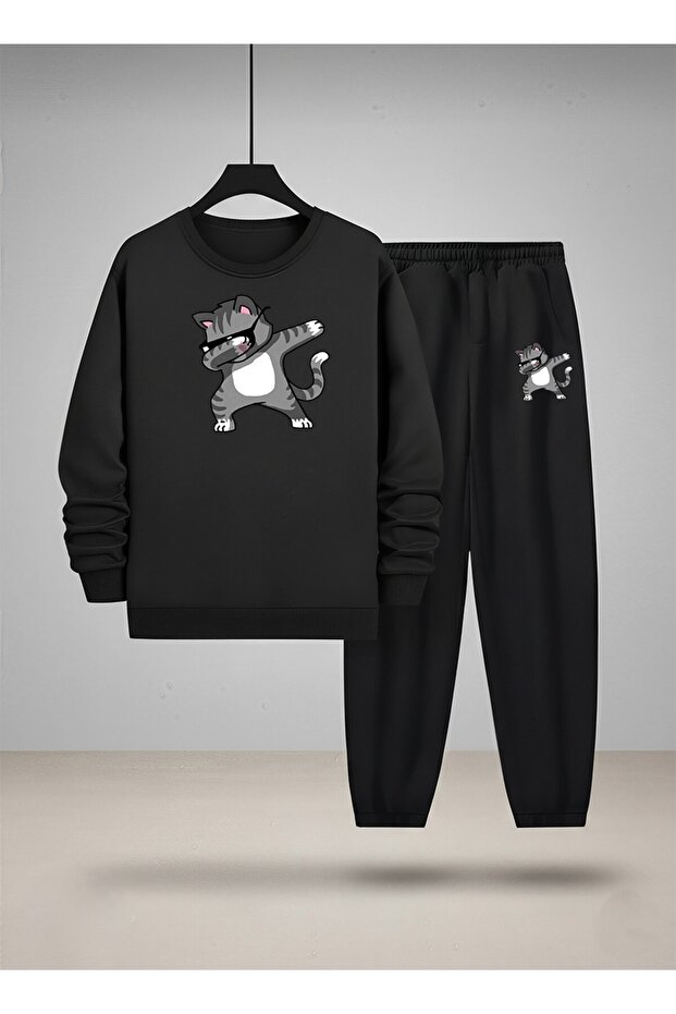 Printed Tracksuit Set Children's Sweatshirt Crew Neck Cool Cat Printed 3 Thread Raster
