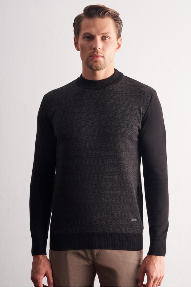 Black Half Turtleneck Long Sleeve Pocketless Comfort Fit Cotton Knitwear Sweater 1012255219