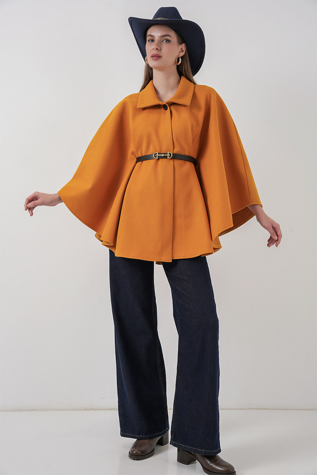 Damen Poncho mit Gürtel 9170 - Senf - 2