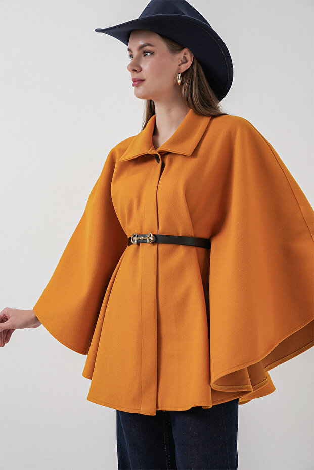 Damen Poncho mit Gürtel 9170 - Senf - 3