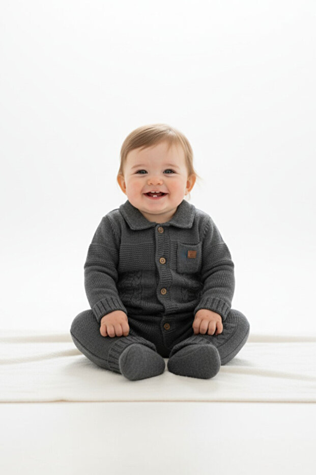 Knitwear Knitted Winter Baby Romper, with Pockets, Polo Neck, Thick Knit Boys Buttoned Jumpsuit