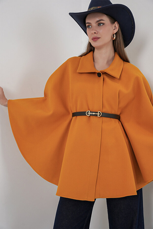 Damen Poncho mit Gürtel 9170 - Senf - 4