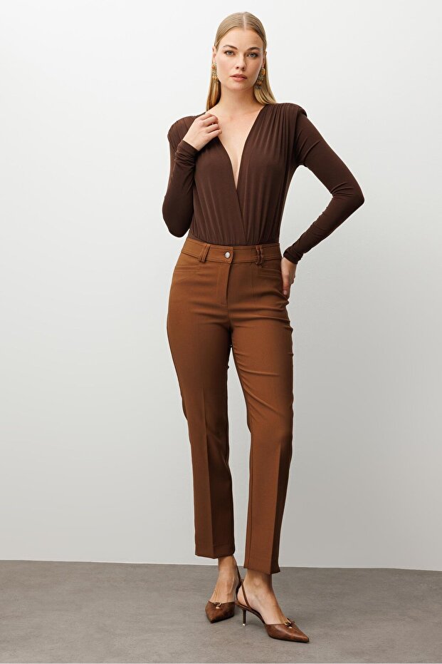 Modailgi Köşe Cep Dar Paça Pantolon Taba - 3