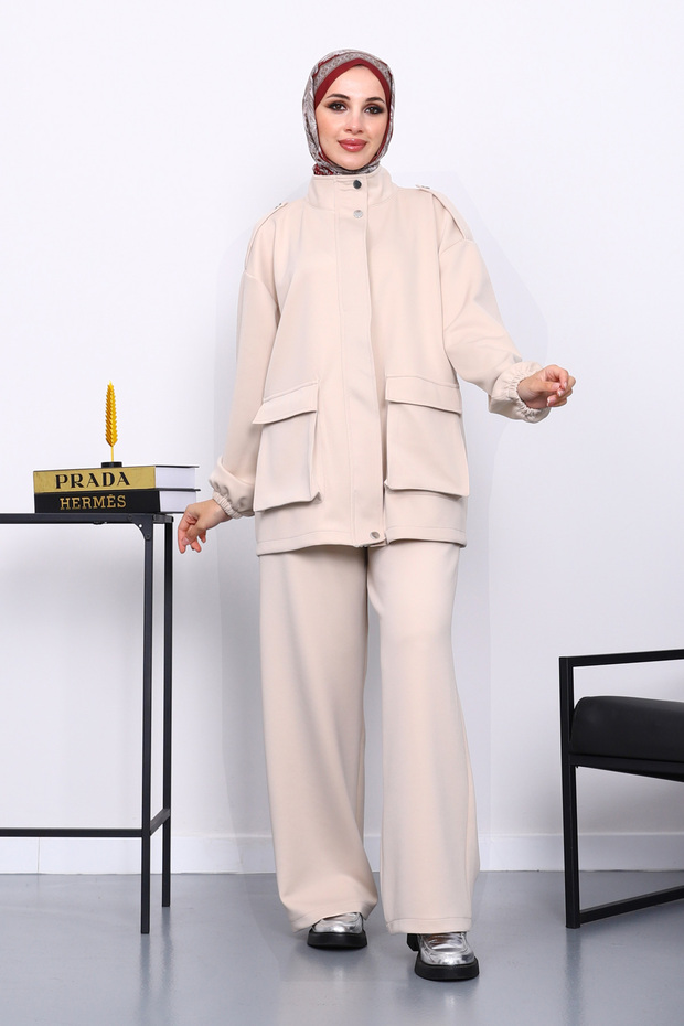 Beige Zippered Scuba Jacket and Pants Set