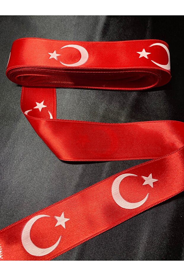 Red Crescent and Star Patterned 4cm Satin Ribbon - 5 Meters Decoration and Accessory Ribbon