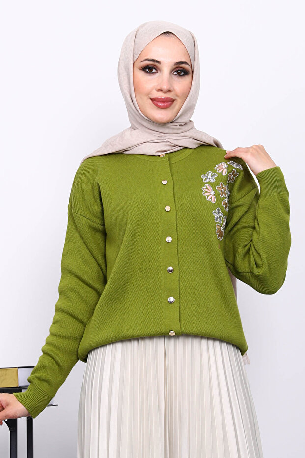Oil Green Embroidered Buttoned Knitwear Cardigan