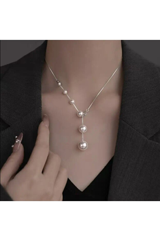 Si̇lver Y Chain Pearl Necklace