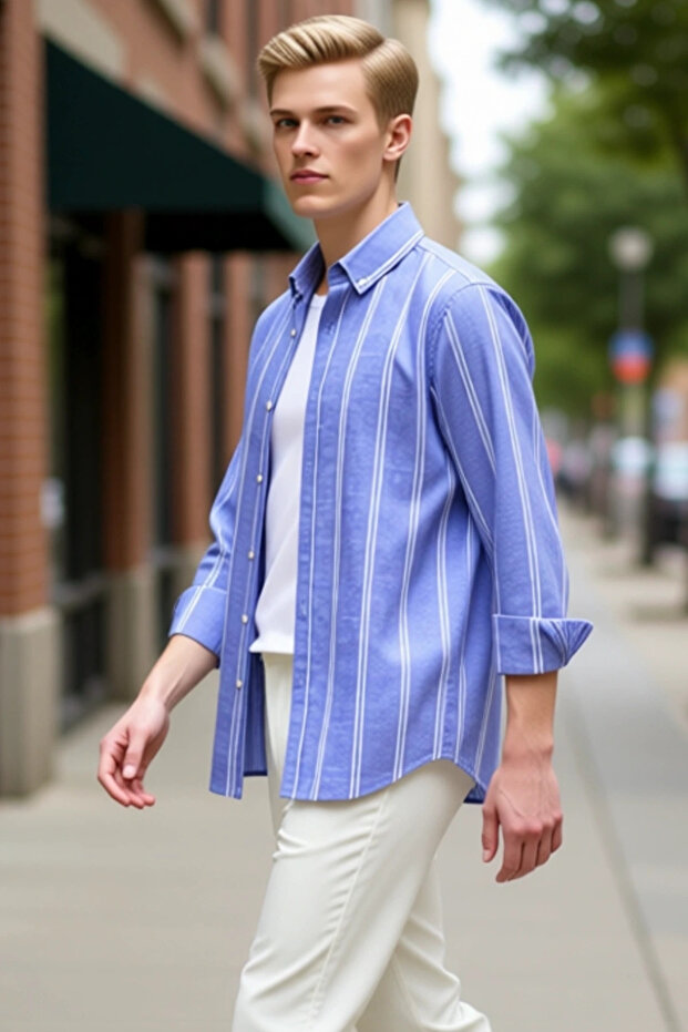 Men's Striped Button-Down Collar Long Sleeve Slim Fit Shirt Modern Elegance Ideal Choice Everyday Comfort