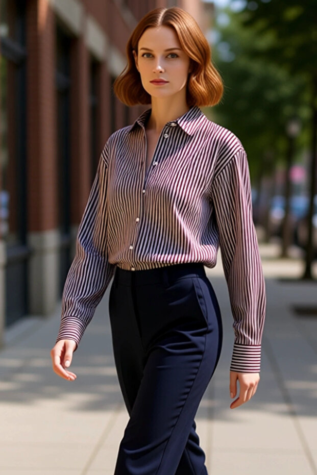 Comfortable Fit Striped Poplin Shirt for Women Contemporary Design Offering Everyday Elegance Functional