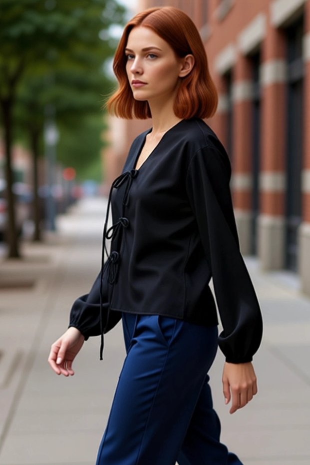 Checkered Tie-Up Women Blouse V-Neck Balloon Sleeve Detail Short Cut Woven Tops Clothing Casual Chic