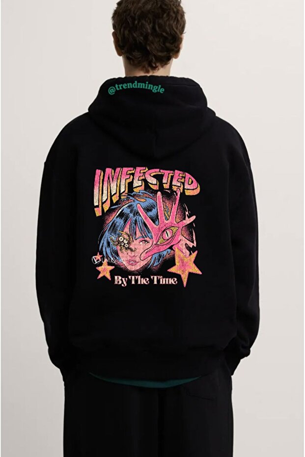 Black Infected by the Time Sırt Printed Oversized Hoodie Unisex Sweatshirt-Trendmingle