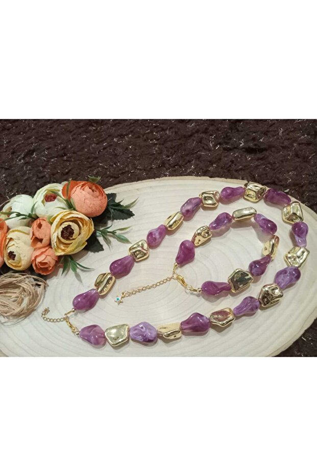 Purple Lameli Large Shiny Bead Set Necklace and Bracelet