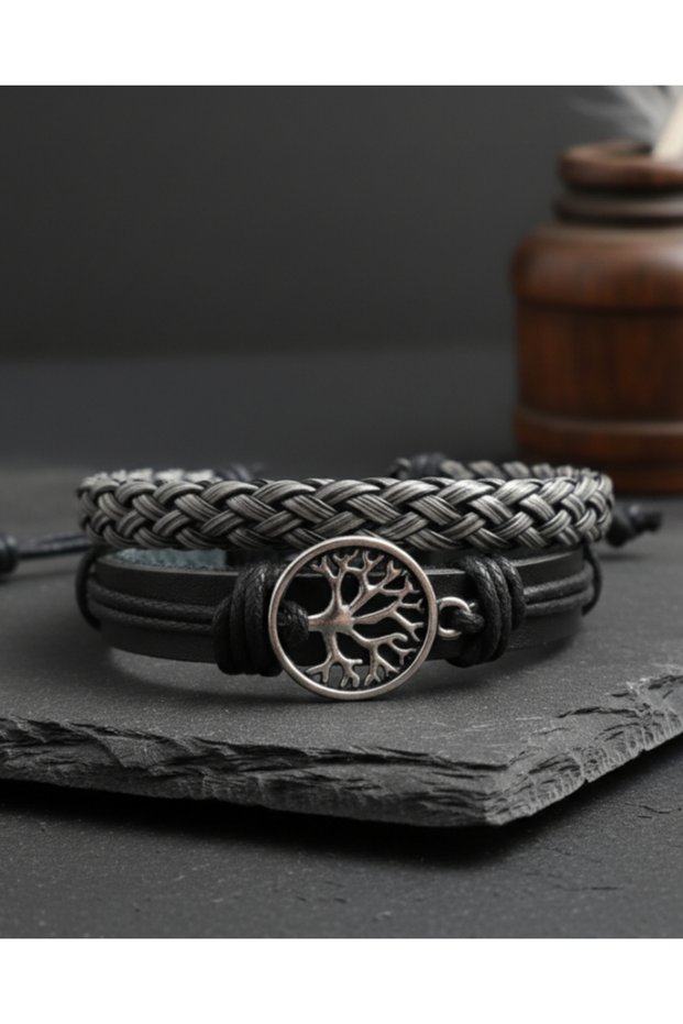 2Pcs Leather Bracelet Tree of Life Design Black Genuine Leather Bracelet Men's Bracelet