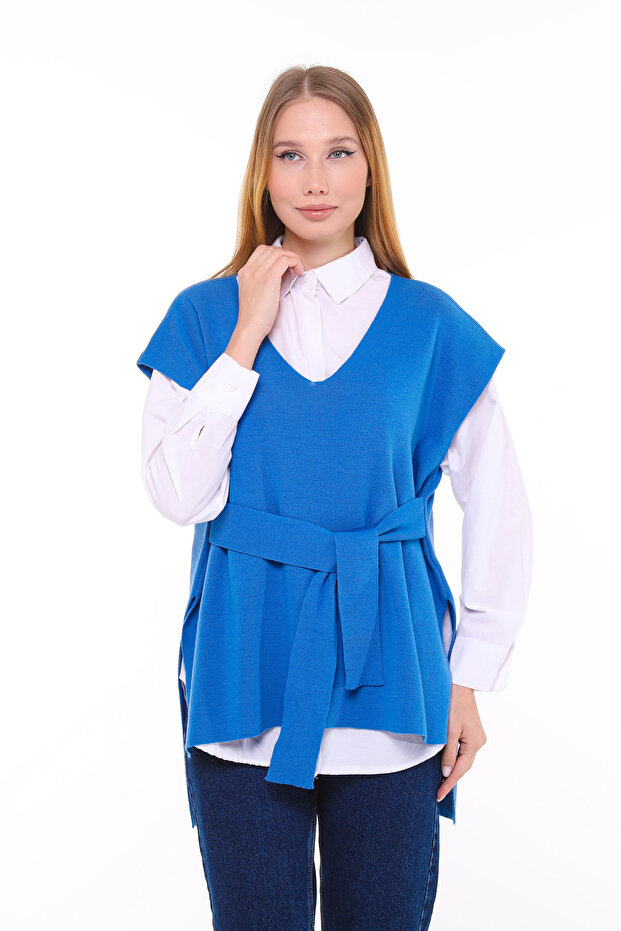 Women's V-Neck Belted Long Knitwear Sweater