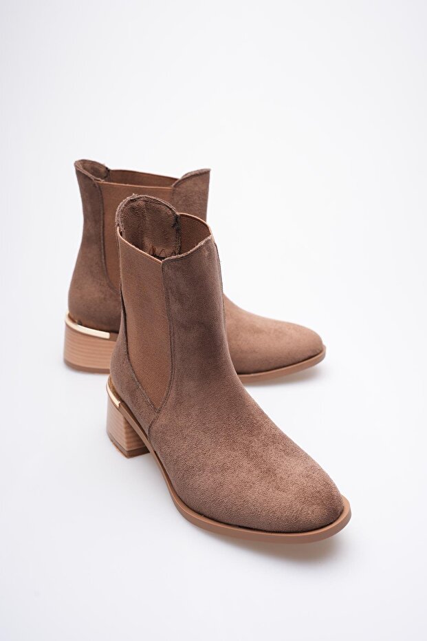 Women's Suede Boots Heeled Elastic Gold Detailed Brown Calina