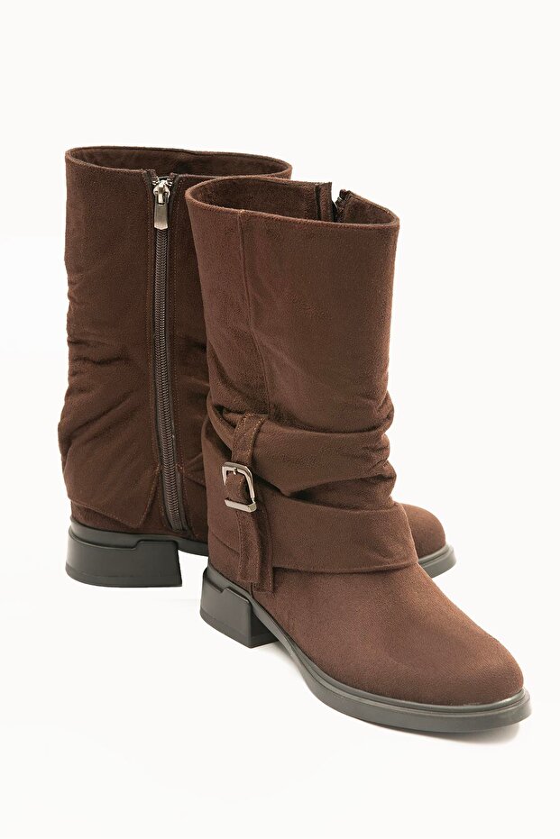 Women's Suede Boots Gusseted Zippered Platinum Buckle Brown Vandira