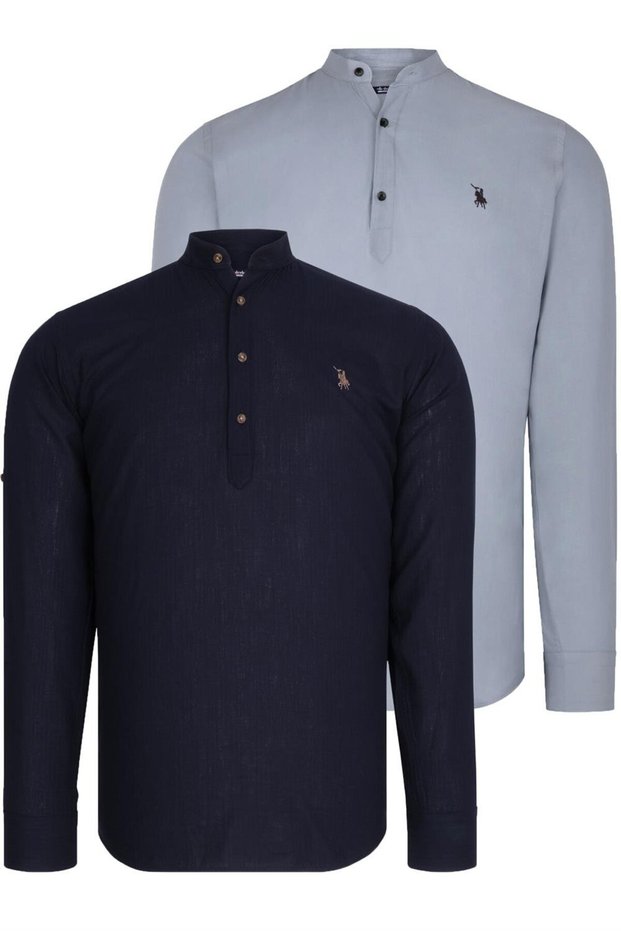 Men's Hakim Collar Cotton Shirt Set of 2 Navy Blue-Grey G783