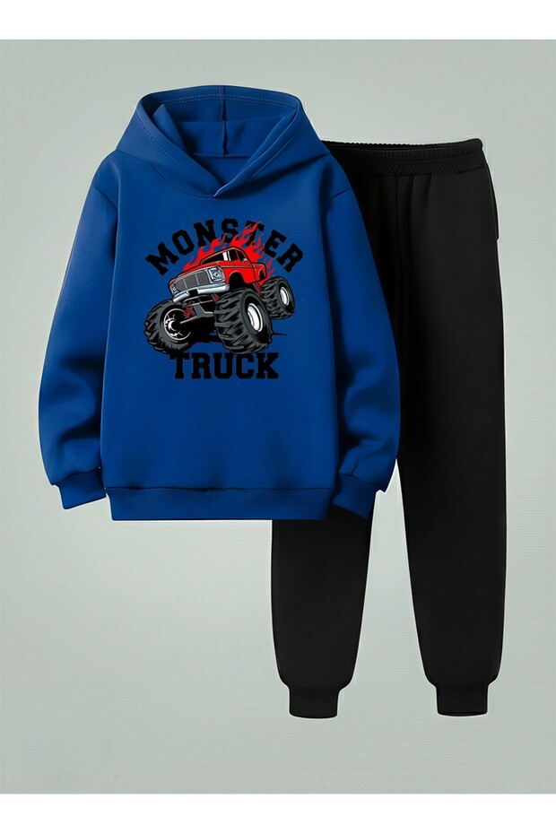 Kids Boys Hooded Set Monster Truck Printed 3 Thread Ş Fleece-Lined Sweatshirt - Sweatpants Set