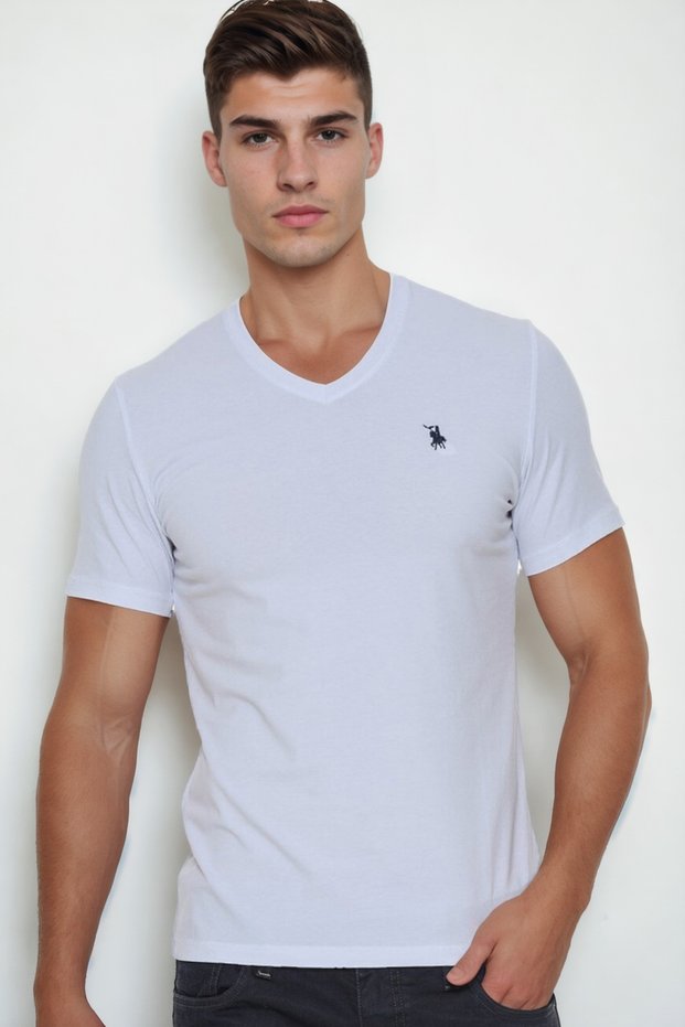 Men's V-Neck Cotton T-Shirt White T9568